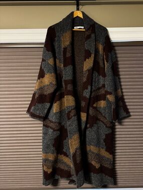 Zara Open-Front Knit Coatigan in Gray, Brown & Mustard